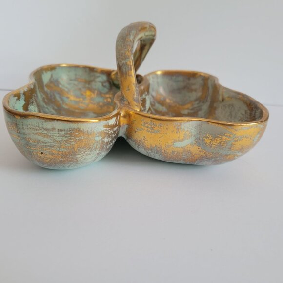 Stangl Antique Gold & Mint Green Ceramic Divided Serving Dish With Handle - Picture 2 of 8